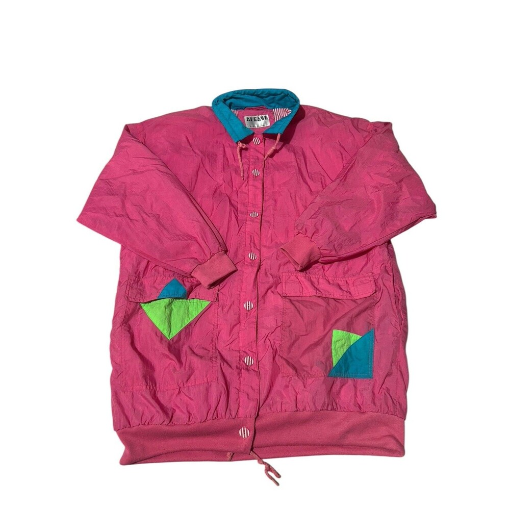 VTG 80s 90s Neon Pink Colorblock Windbreaker Jacket Spring Coat Throwback Size L
